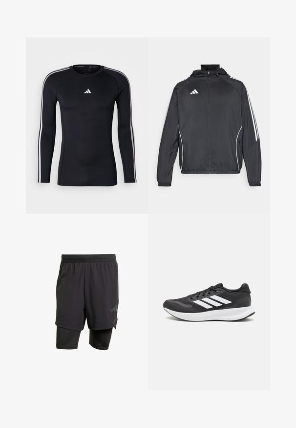 Jachetă sport neagră cu glugă, decorată cu dungi albe pe mâneci și cu fermoar în față. Fabricată dintr-un material neted și ușor.; Tricou sportiv negru cu maneci lungi, cu un design ajustat. Include un logo Adidas alb pe piept și dungi albe pe umeri.; Shorts atletici negri cu strat interior integrat, realizați dintr-un material respirabil. Au un logo subtil și o textură structurată. Talie reglabilă.; Pantof cu aspect sport de culoare neagră, cu un upper din plasă respirabilă, accente albe și o talpă amortizată. Include logo-ul cu trei dungi pe lateral.