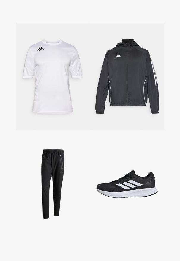 Schwarze Sportjacke mit Kapuze, ausgestattet mit weißen Streifen an den Ärmeln und einem Reißverschluss vorne. Hergestellt aus einem glatten, leichten Stoff.; Weißes Sporthemd mit kurzen Ärmeln, Rundhalsausschnitt und schwarzem Kappa-Logo auf der rechten Schulter.; Schwarze Sporthose mit elastischem Bund, zwei Reißverschlusstaschen an den Seiten, schmal zulaufenden Beinen und einem dezenten Logo-Detail an der Hüfte.; Schwarzer Sportschuh mit weißen Streifen, Obermaterial aus Mesh, gepolsterter Sohle und strukturierten Akzenten. Verfügt über ein Schnürdesign und ein Markenlogo auf der Zunge.