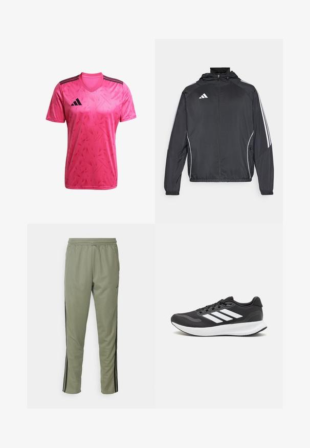 Zwarte sportjack met capuchon, voorzien van witte strepen langs de mouwen en een ritssluiting aan de voorkant. Gemaakt van een gladde, luchtige stof.; Roze sportshirt met een v-hals, korte mouwen en een geometrisch patroon. Inclusief zwarte strepen en logo op de linkerbovenkant.; adidas Performance TRAIN ESSENTIALS 3-STRIPES - Trainingsbroek - silver pebble/black; Zwart sportief schoen met ademend mesh bovenwerk, witte accenten en een gevoerde zool. Beschikt over een logo met drie strepen aan de zijkant.