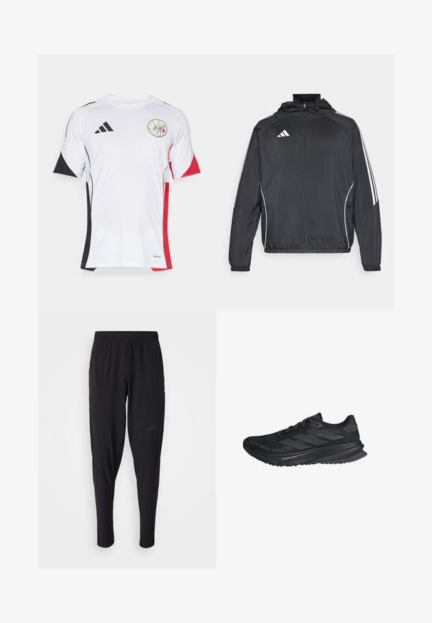 Casaco atlético preto com capuz, apresentando riscas brancas ao longo das mangas e um fecho éclair na frente. Fabricado em um tecido liso e leve.; Camisola atlética branca com detalhes em preto e vermelho, mangas curtas e colarinho redondo. Inclui um logótipo na frente. Fabricada em material respirável.; Calças atléticas pretas com um cós elástico, design afunilado, bolsos laterais e detalhe discreto do logótipo. Feitas de um tecido flexível e respirável.; Sapatilha de corrida Adidas preta com parte superior em Gore-Tex, três riscas de lado e "Dreamstrike" na sola, vista do lado exterior.