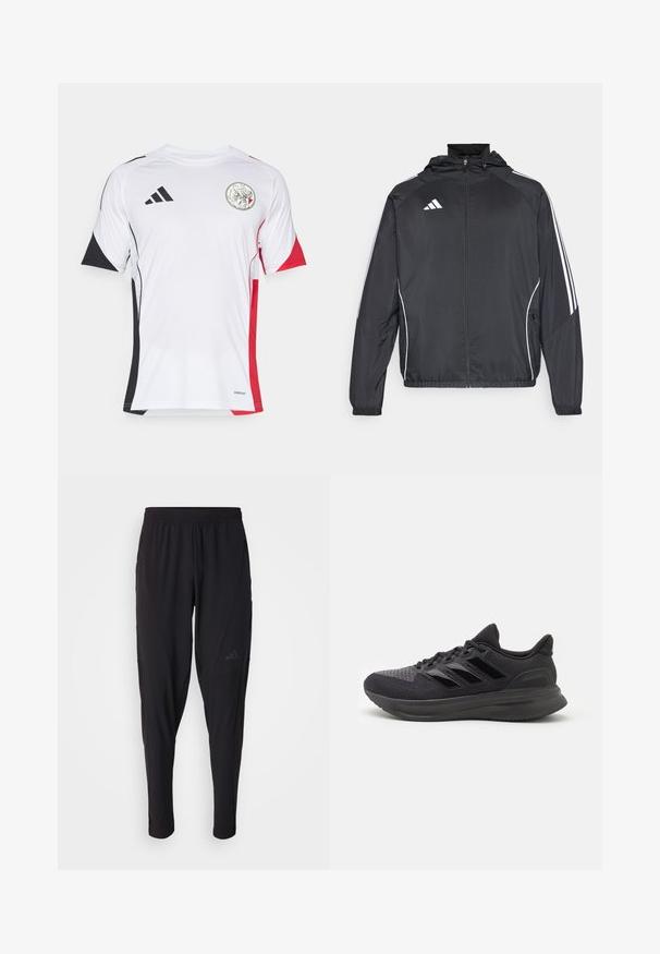 Zwarte sportjack met capuchon, voorzien van witte strepen langs de mouwen en een ritssluiting aan de voorkant. Gemaakt van een gladde, luchtige stof.; Witte sporttrui met zwarte en rode accenten, korte mouwen en een ronde kraag. Bevat een logo op de voorkant. Gemaakt van ademend materiaal.; Zwarte sportbroek met een elastische tailleband, taps toelopend ontwerp, zijzakken en subtiele logodetails. Gemaakt van flexibele, ademende stof.; Zwarte sportschoen met een bovenwerk van gestructureerde stof, rubberen zool en drie glanzende zwarte strepen aan de zijkant. Rondneus en gevoerde hak.