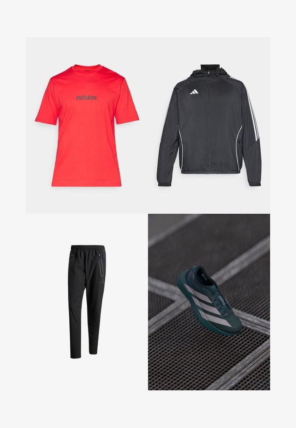 Svart sportsjakke med hette, med hvite striper langs ermene og glidelås foran. Laget av et glatt, lett stoff.; Rød bomull T-skjorte med korte ermer og rund hals, med en mørkegrå "adidas" logo trykt over brystet.; Svarte treningsbukser med elastisk liv, to glidelåslommer på sidene, avsmalnende ben og en subtil logo detalj ved hoften.; Mørk teal idrettssko med en teksturert overdel, som har tre hvite striper, en rund tå og en polstret såle.