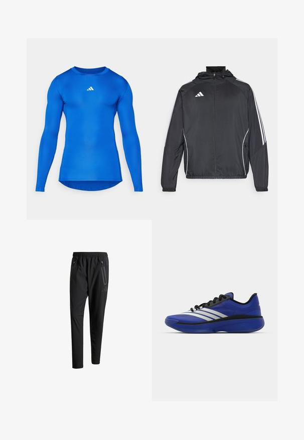 Svart sportsjakke med hette, med hvite striper langs ermene og glidelås foran. Laget av et glatt, lett stoff.; Langermet treningsskjorte i ensfarget blå, laget av elastisk stoff. Har rund hals og en liten hvit logo på brystet.; Svarte treningsbukser med elastisk liv, to glidelåslommer på sidene, avsmalnende ben og en subtil logo detalj ved hoften.; adidas Performance ADIZERO SELECT 3.0 - Basketballsko - lucid blue/core black/metallic