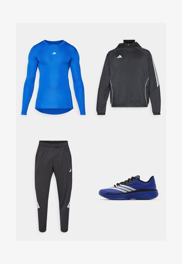 Melnā sporta jaka ar kapuci, ar baltām svītrām pa piedurknēm un ar rāvējslēdzēju priekšpusē. Izgatavota no gludas, vieglas auduma.; Garās piedurknes sporta krekls vienkāršā zilā krāsā, izgatavots no elastīgas auduma. Tam ir apaļa kakla izgriezuma forma un neliels balts logotips uz krūškurvja.; Melnas sporta bikses ar šaurākiem galiem, elastīgu jostasvietu, sānu kabatām, kā arī baltu logo un svītru detaļām. Izgatavotas no gluda, viegla materiāla.; adidas Performance ADIZERO SELECT 3.0 - Basketbola apavi - lucid blue/core black/metallic
