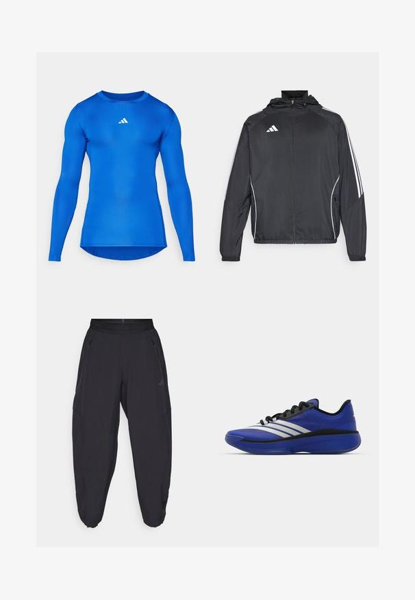 Black athletic jacket with a hood, featuring white stripes along the sleeves and a zippered front. Made from a smooth, lightweight fabric.; Long-sleeve athletic shirt in solid blue, made of stretchy fabric. Features a crew neckline and a small white logo on the chest.; Black athletic pants with elastic waistband, zippered side pockets, tapered legs, and subtle logo on the right thigh.; adidas Performance ADIZERO SELECT 3.0 - Basketball shoes - lucid blue/core black/metallic