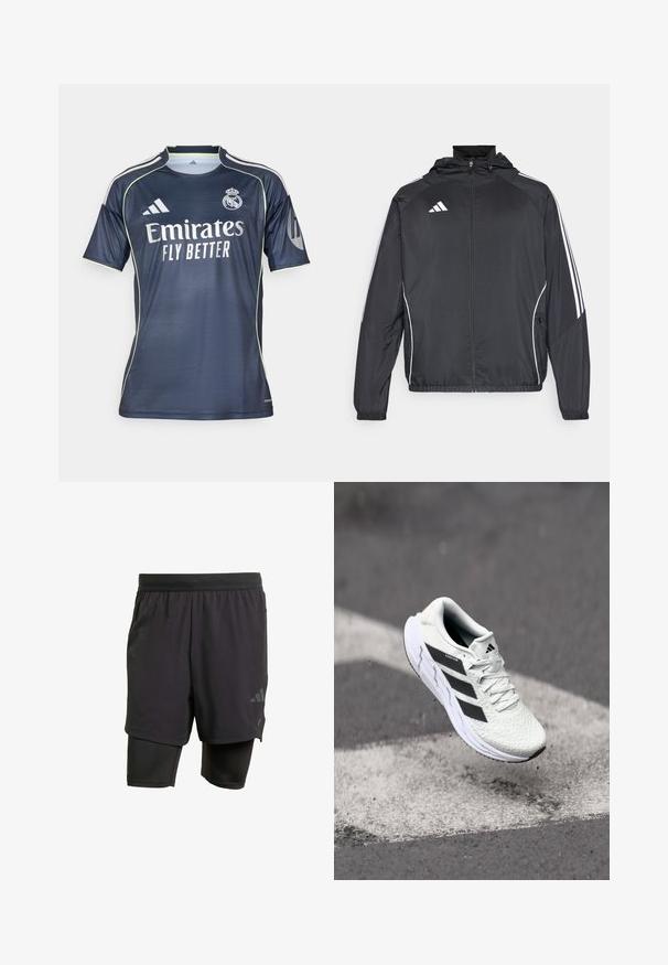 Casaco atlético preto com capuz, apresentando riscas brancas ao longo das mangas e um fecho éclair na frente. Fabricado em um tecido liso e leve.; Camisa de futebol azul-marinho feita de tecido suave, com detalhes em verde claro, mangas curtas e o logo "Emirates FLY BETTER" em destaque.; Calções atléticos pretos com camada interior integrada, feitos de tecido respirável. Apresentam um logotipo subtil e textura estruturada. Cintura ajustável.; Shoe atlético branco com parte superior em malha texturizada, riscas pretas, fecho de atacadores e sola almofadada, a flutuar acima de uma superfície de estrada marcada.