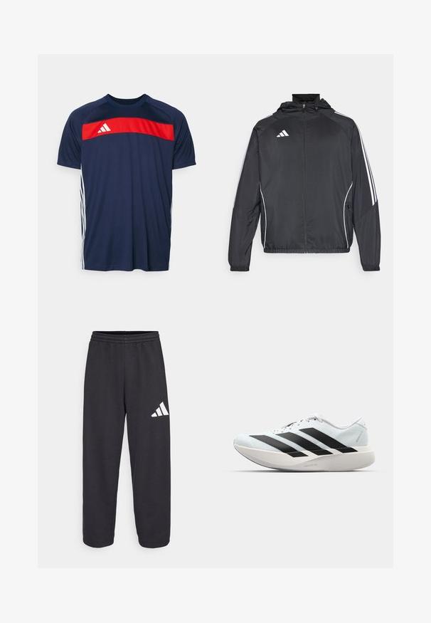 Čierna športová bunda s kapucňou, ktorá má biele pruhy pozdĺž rukávov a zips v prednej časti. Vyrobená z hladkej, ľahkej tkaniny.; Námornícke športové tričko s červeným horizontálnym pruhom a bielymi detailmi. Vyrobené z hladkej látky s krátkymi rukávmi a okrúhlym výstrihom.; Čierne tepláky so voľným strihom, s elastickým pásom a bielym geometrickým logom na ľavej nohe. Hladká textúra látky.; Ľahké bežecké topánky v svetlomodrej farbe s čiernymi pruhmi. Majú hladký zvršok, okrúle špičky a hrubú bielu medzipodrážku označenú "LIGHTSTRIKE PRO."