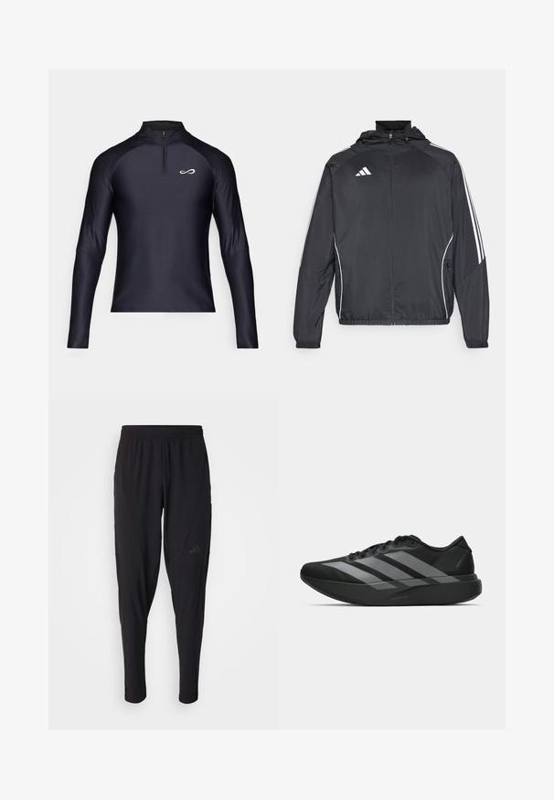 Jachetă sport neagră cu glugă, decorată cu dungi albe pe mâneci și cu fermoar în față. Fabricată dintr-un material neted și ușor.; Endless EPIC - Bluză cu mânecă lungă - black/white; Pantaloni atletici negri cu o talie elastică, design conic, buzunare laterale și detalii subtile cu logo. Fabricat dintr-un material flexibil și respirabil.; Pantofi sport negri cu un design ușor, prezentând trei dungi gri proeminente, o textură netedă și o talpă conturată.