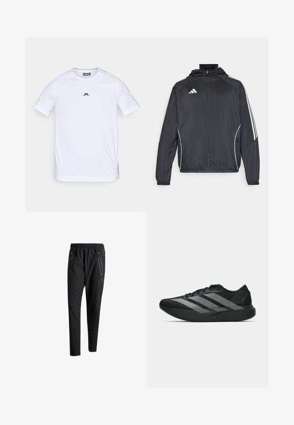 Melnā sporta jaka ar kapuci, ar baltām svītrām pa piedurknēm un ar rāvējslēdzēju priekšpusē. Izgatavota no gludas, vieglas auduma.; Balts īsās piedurknēs sporta krekls, kas izgatavots no vieglas šķiedras. Iezīmētas ar smalku melnu logotipu uz krūtīm un ergonomisku šuvju dizainu ērtībai.; Melni sporta bikses ar elastīgu vidukli, divām kabatām ar rāvējslēdzējiem sānos, sašaurinātām kājām un diskrētu logo detaļu uz gurniem.; Melni sporta apavi ar vieglu dizainu, ar trim izteiksmīgiem pelēkiem svītrām, gludu virsmu un kontūrveida zoli.