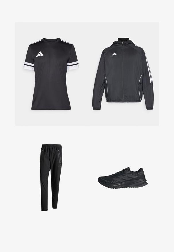 Fekete sportos dzseki kapucnival, fehér csíkokkal az ujjak mentén és cipzáras elülső résszel. Simább, könnyű anyagból készült.; Fekete sportpóló rövid ujjakkal. Fehér csíkokkal rendelkezik a felsőn, és egy fehér háromcsíkos logóval a bal vállon. Sima anyagból készült.; Fekete sportos nadrág elasztikus derékpánttal, két cipzáras oldalt zsebbel, tapered lábakkal és diszkrét logóval a csípőn.; Fekete Adidas futócipő Gore-Tex felsőrésszel, három csíkkal az oldalon és "Dreamstrike" felirattal a talpon, külső oldalról nézve.