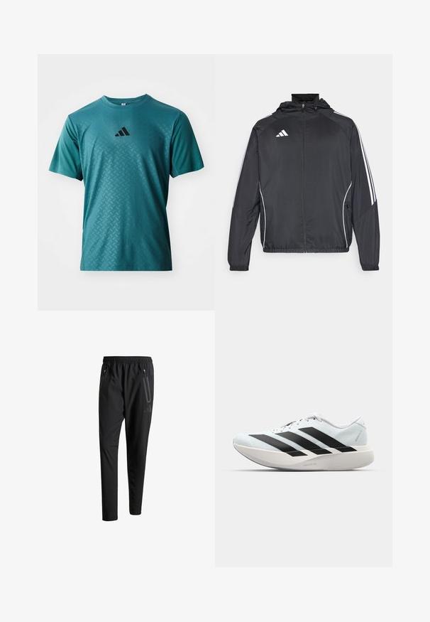 Black athletic jacket with a hood, featuring white stripes along the sleeves and a zippered front. Made from a smooth, lightweight fabric.; adidas Performance POWER TEE - Sports T-shirt - preloved teal; Black athletic pants with an elastic waistband, two zippered side pockets, tapered legs, and a subtle logo detail on the hip.; Lightweight running shoes in pale blue with black stripes. Features a smooth upper, round toe, and thick white midsole labeled "LIGHTSTRIKE PRO."