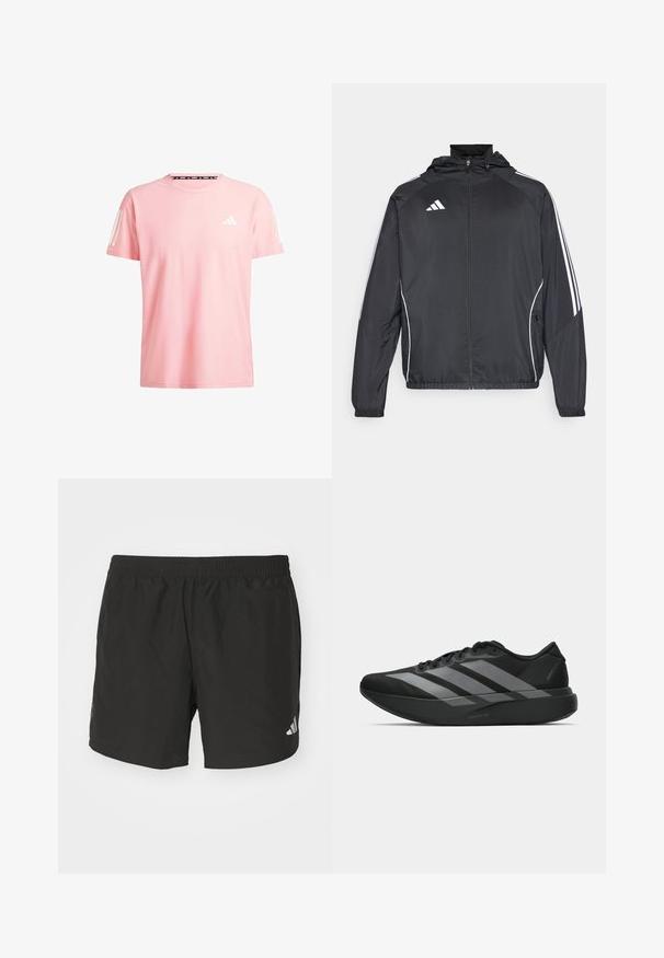 Chaqueta atlética negra con capucha, con rayas blancas a lo largo de las mangas y un cierre frontal con cremallera. Hecha de un tejido suave y ligero.; adidas Performance OTR B - Camiseta deportiva - semi pink spark; Pantalones cortos deportivos negros con cintura elástica, aberturas laterales y acentos de logo reflectantes. Hechos de una tela liviana y suave.; Zapatillas deportivas negras con un diseño ligero, que presentan tres franjas grises prominentes, una textura suave y una suela contorneada.