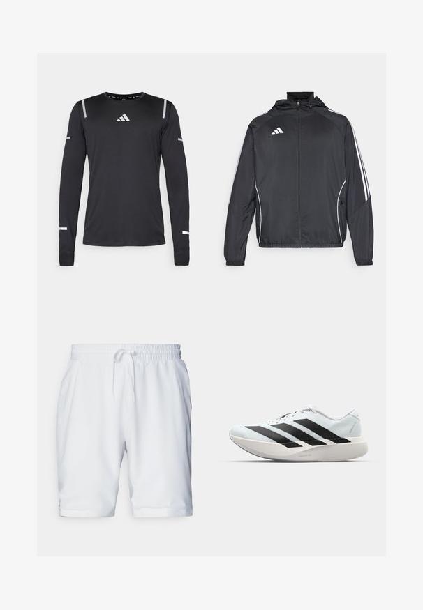 Black athletic jacket with a hood, featuring white stripes along the sleeves and a zippered front. Made from a smooth, lightweight fabric.; Long-sleeve athletic shirt in black fabric, featuring reflective silver accents on shoulders and sleeves, round neckline with light texture.; White athletic shorts with an elastic waistband and adjustable drawstring. Smooth fabric with a subtle texture, featuring side pockets.; Lightweight running shoes in pale blue with black stripes. Features a smooth upper, round toe, and thick white midsole labeled "LIGHTSTRIKE PRO."