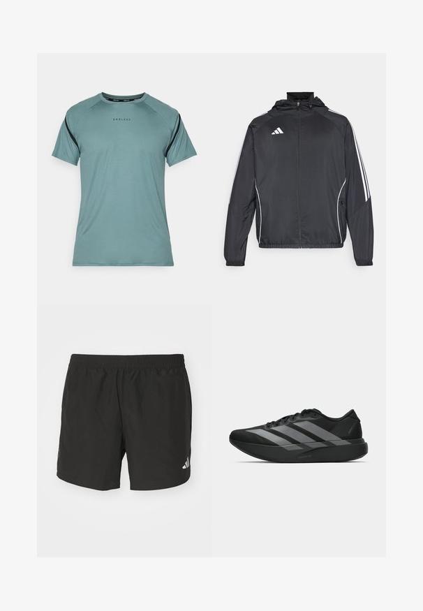 Zwarte sportjack met capuchon, voorzien van witte strepen langs de mouwen en een ritssluiting aan de voorkant. Gemaakt van een gladde, luchtige stof.; Endless APHEX - Sport T-shirt - cypress; Zwarte sportieve shorts met een elastische tailleband, zijsplits en reflecterende logo-accenten. Gemaakt van lichte, gladde stof.; Zwarte sportieve schoenen met een lichtgewicht ontwerp, voorzien van drie opvallende grijze strepen, een gladde textuur en een gevormde zool.