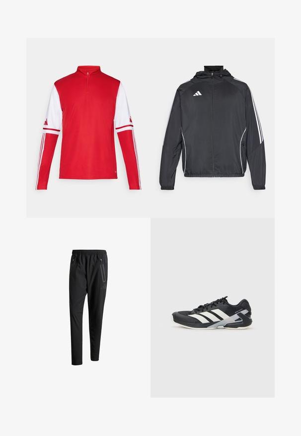 Čierna športová bunda s kapucňou, ktorá má biele pruhy pozdĺž rukávov a zips v prednej časti. Vyrobená z hladkej, ľahkej tkaniny.; Červená športová dlhá mikina s krátkym zipsom, biele rukávy, tri biele pruhy na pleciach a logo Adidas na rukávoch.; Čierne športové nohavice s elastickým pásom, dvoma bočnými zipsovými vreckami, zužujúcimi sa nohavicami a nenápadným detailom loga na bokoch.; Čierna športová obuv s bielymi pruhmi, sieťovinový zvršok, zaoblená špička a polstrovaná podrážka. Obsahuje štruktúrovaný opätok a bezpečný systém šnurovania.