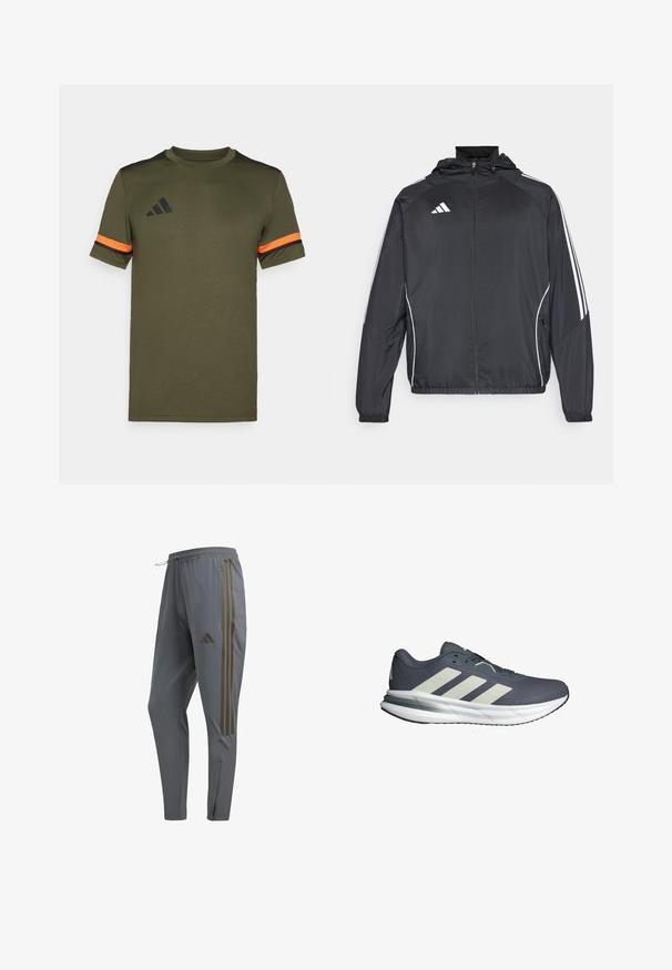 Svart idrottsjacka med huva, med vita ränder längs ärmarna och dragkedja framtill. Tillverkad av ett mjukt, lätt material.; Olivgrön t-shirt med kort ärm och svarta axelpartier samt orange ränder på ärmarna. Har adidas-logotyp i svart på framsidan.; Grå idrottsbyxor med elastiskt midjeband, utrustade med tre kontrasterande mörka ränder längs sidorna och en dragkedja vid ankeln.; Idrottsskor med en andningsbar marinblå meshöverdela, tre vita diagonala ränder, en vadderad vit sula och en texturerad grå yttersula.