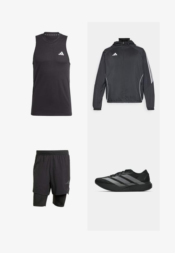 Zwarte sportjack met capuchon, voorzien van witte strepen langs de mouwen en een ritssluiting aan de voorkant. Gemaakt van een gladde, luchtige stof.; Zwarte mouwloze sport tanktop van gladde stof, met een ronde halslijn en een wit logo op de linkerborst.; Zwarte sportshorts met geïntegreerde binnenlaag, gemaakt van ademend materiaal. Bevat een subtiele logo en gestructureerde textuur. Verstelbare tailleband.; Zwarte sportieve schoenen met een lichtgewicht ontwerp, voorzien van drie opvallende grijze strepen, een gladde textuur en een gevormde zool.
