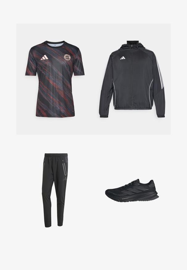 Czarna sportowa kurtka z kapturem, z białymi paskami wzdłuż rękawów i zasuwanym przodem. Wykonana z gładkiego, lekkiego materiału.; Czarna i czerwona pasiasta koszulka z krótkim rękawem oraz okrągłym dekoltem, z logo Adidas i herbem Bayernu Monachium na piersi.; Czarne spodnie sportowe z elastycznym pasem, dwoma bocznymi kieszeniami na zamek, zwężanym krojem i odblaskowymi akcentami z przodu.; Czarne biegi Adidas z cholewką Gore-Tex, trzy paski po bokach i napisem "Dreamstrike" na podeszwie, widok zewnętrzny.