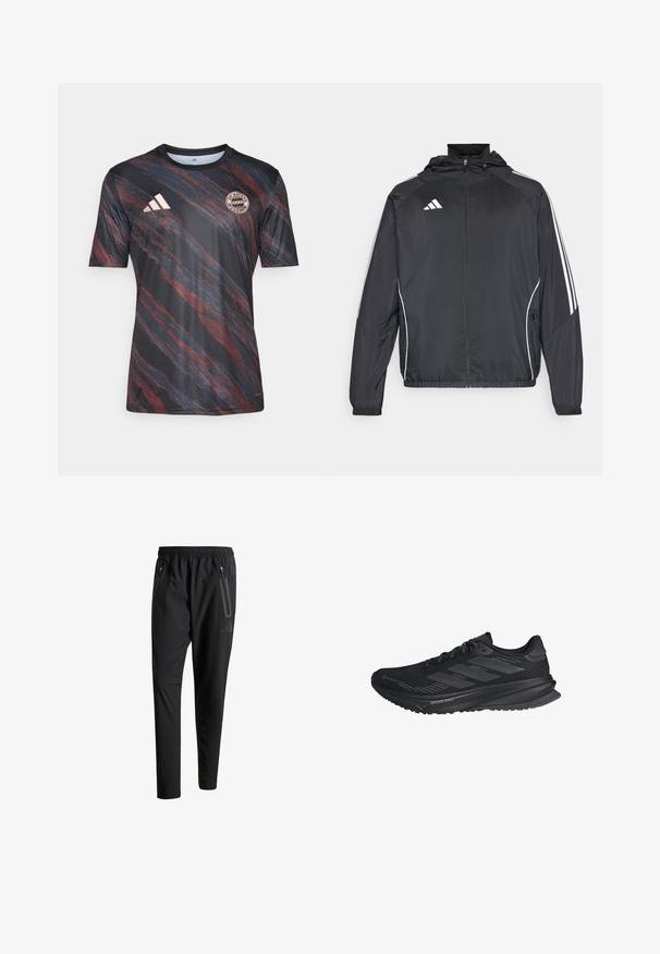 Jachetă sport neagră cu glugă, decorată cu dungi albe pe mâneci și cu fermoar în față. Fabricată dintr-un material neted și ușor.; Tricou cu mânecă scurtă, cu dungi negre și roșii, cu gât rotund, având logo-ul Adidas și emblema Bayern München pe piept.; Pantaloni atletici negri cu talie elastică, două buzunare laterale cu fermoar, picioare conice și un detaliu logo discret pe șold.; Pantof cu alergare Adidas negru, cu un superior Gore-Tex, trei dungi pe laterale și "Dreamstrike" pe talpă, văzut din lateral.