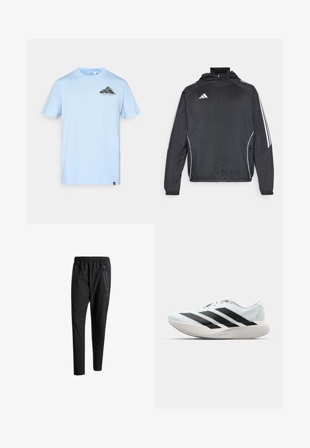 Fekete sportos dzseki kapucnival, fehér csíkokkal az ujjak mentén és cipzáras elülső résszel. Simább, könnyű anyagból készült.; adidas Performance Sportfelső - glow blue; Fekete sportos nadrág elasztikus derékpánttal, két cipzáras oldalt zsebbel, tapered lábakkal és diszkrét logóval a csípőn.; Világoskék, fekete csíkos könnyű futószerek. Simább felső résszel, kerek orral és vastag fehér középtalppal, amelyen a "LIGHTSTRIKE PRO" felirat olvasható.