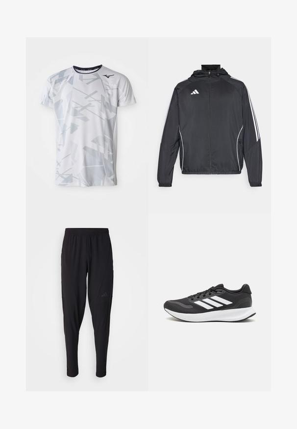 Black athletic jacket with a hood, featuring white stripes along the sleeves and a zippered front. Made from a smooth, lightweight fabric.; White athletic t-shirt with a geometric grey pattern, short sleeves, crew neck, and Mizuno logo on the upper left. Made from breathable material.; Black athletic pants with an elastic waistband, tapered design, side pockets, and subtle logo detail. Made from flexible, breathable fabric.; Black athletic shoe with breathable mesh upper, white accents, and a cushioned sole. Features three stripes logo on the side.