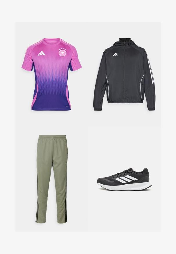 Juodas sportinis džemperis su kapišonu, turintis baltas juosteles palei rankoves ir užtrauktuką priekyje. Pagamintas iš lygaus, lengvo audinio.; Violetinė ir rožinė gradientinė futbolo maikutė su zigzago raštu, Adidas logotipas ant krūtinės, apvalus kaklas, trumpomis rankovėmis ir siuvinėtas ženkliukas.; adidas Performance TRAIN ESSENTIALS 3-STRIPES - Treningo apatinė dalis - silver pebble/black; Juodas sportinis batelis su orui pralaidžia mėgintuvėliu, baltomis akcentais ir paminkštintu padu. Šone yra trijų juostų logotipas.