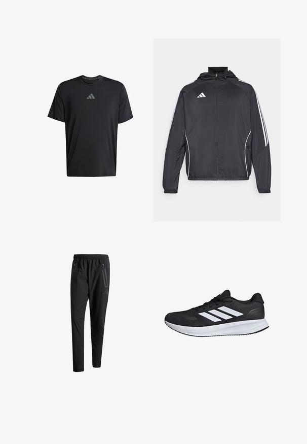 Crna atletska jakna s kapuljačom, s bijelim prugama duž rukava i zatvaranjem na zip. Izrađena od glatkog, laganog materijala.; Crna kratkotrajna sportska majica s kratkim rukavima izrađena od lagane tkanine, s okruglim izrezom i sivim Adidas logotipom na prsima.; Crne atletske hlače s elastičnim pojasom, dva bočna džepa sa zatvaračem, suženi nogavici i diskretnim logotipom na kuku.; Crne atletske cipele s bijelim prugama, mrežastim gornjim dijelom, ublaženom potplatom i teksturiranim detaljima. Imaju vezanje na vezice i logotip branda na jeziku.