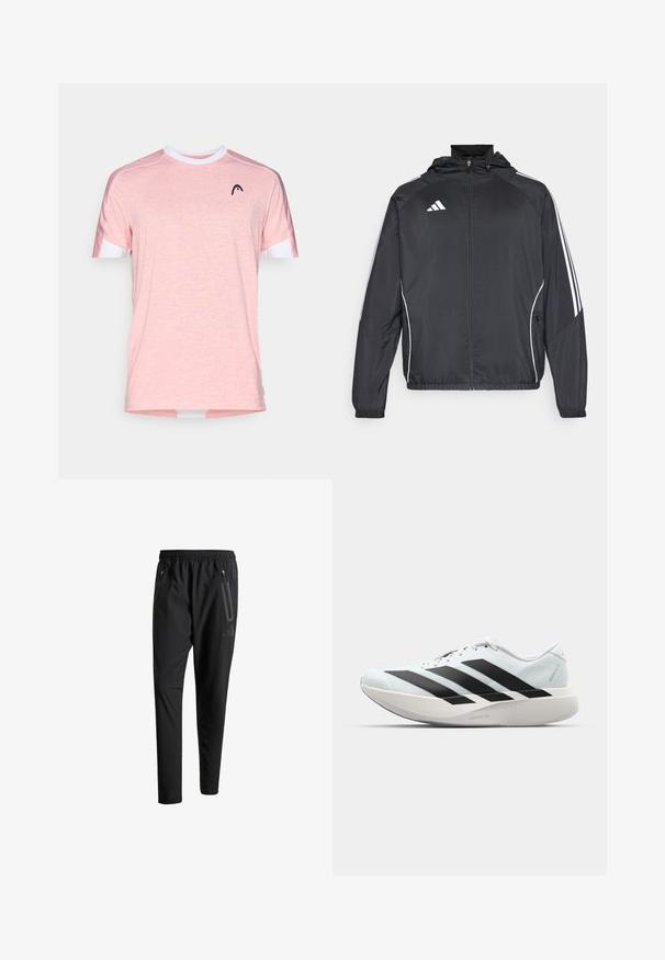 Sort atletisk jakke med hætte, med hvide striber langs ærmerne og lynlås foran. Lavet af et glat, let materiale.; Lyserød kortærmet T-shirt lavet af et struktureret stof. Har en hvid rund halsudskæring og et sort logo på brystet.; Sorte atletiske bukser med elastisk talje, to lynlåslommer på siden, tætsiddende ben og en diskret logo-detalje på hoften.; Letvægtige løbesko i lys blå med sorte striber. Har en glat overdel, rund tå og tyk hvid mellemsål mærket "LIGHTSTRIKE PRO."