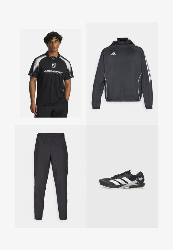 Černá sportovní bunda s kapucí, s bílými pruhy podél rukávů a s předním zipem. Vyrobena z hladkého, lehkého materiálu.; Černé sportovní polo tričko s krátkým rukávem, bílými akcenty a vyšitým logem. Vyrobeno z prodyšného materiálu, ideální pro aktivní nošení.; Černé sportovní kalhoty s elastickým pasem, zúženými nohavicemi a bílými bočními akcenty. Vyrobené z umělého materiálu s hladkým povrchem.; Černá sportovní obuv s bílými pruhy, síťovaným svrškem, zaoblenou špičkou a polstrovanou podrážkou. Obsahuje texturovanou patu a bezpečný systém šněrování.