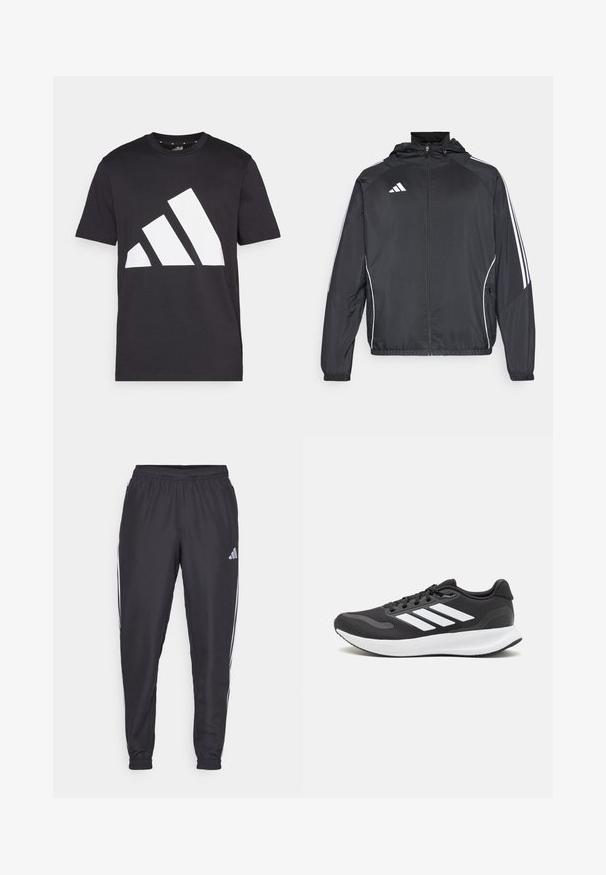 Černá sportovní bunda s kapucí, s bílými pruhy podél rukávů a s předním zipem. Vyrobena z hladkého, lehkého materiálu.; Černé bavlněné tričko s kulatým výstřihem a krátkými rukávy, na přední straně s velkým bílým designem loga se třemi pruhy.; Černé sportovní kalhoty s elastickým pasem, se zlomenými bílými pruhy po stranách a malým logem na bocích. Hladká textura.; Černá sportovní obuv s prodyšným síťovaným svrškem, bílými akcenty a polstrovanou podrážkou. Na boku se nachází logo se třemi pruhy.