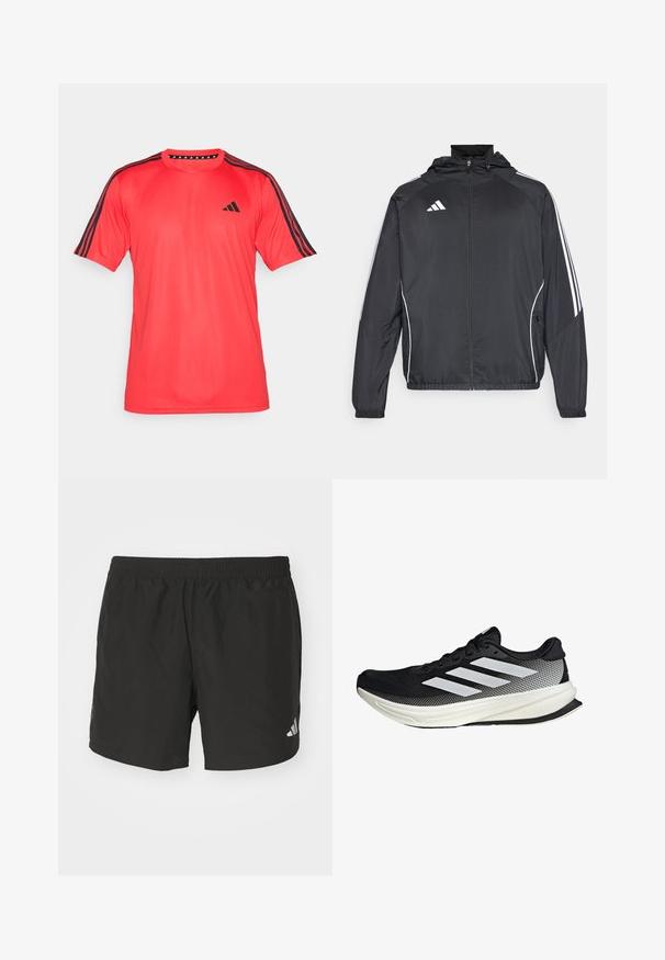 Čierna športová bunda s kapucňou, ktorá má biele pruhy pozdĺž rukávov a zips v prednej časti. Vyrobená z hladkej, ľahkej tkaniny.; adidas Performance TRAIN ESSENTIALS BASE 3-STRIPES - Športové tričko - pure ruby/black; Čierne atletické šortky s elastickým pásom, bočnými rozparkami a reflexnými logovými akcentmi. Vyrobené z ľahkej, hladkej tkaniny.; Čierna atletická topánka s dizajnom z mriežky, s bielymi prúžkami, zaoblenou špičkou a textúrovanou podrážkou pre lepšiu priľnavosť a podporu.