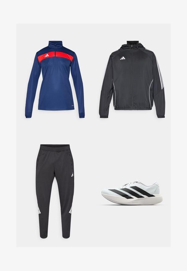 Juodas sportinis džemperis su kapišonu, turintis baltas juosteles palei rankoves ir užtrauktuką priekyje. Pagamintas iš lygaus, lengvo audinio.; Tamsiai mėlynas sportinis megztinis su raudona plokšte per pečius, pusiau užtraukiama apykakle, ilgomis rankovėmis ir logotipo detale kairėje pusėje.; Juodos sportinės kelnės su siaurėjančiomis kojų apačiomis, elastine juosmens juosta, šoninėmis kišenėmis bei baltu logotipu ir dryžiais. Pagamintos iš glotnios, lengvos medžiagos.; Lengvi bėgimo batai šviesiai mėlynos spalvos su juodomis juostelėmis. Yra lygus viršus, apvalus pirštas ir storas baltas vidpadis su užrašu "LIGHTSTRIKE PRO."