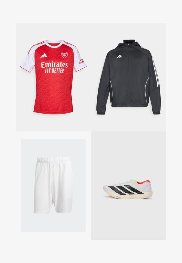 Svart idrottsjacka med huva, med vita ränder längs ärmarna och dragkedja framtill. Tillverkad av ett mjukt, lätt material.; Röd fotbollströja med vita accenter, med ett geometriskt mönster, rund hals och Arsenal-logotyp, tillsammans med "Emirates Fly Better"-märket.; Vita atletiska shorts i lätt tyg, med elastisk midja, slät yta och knälång längd.; Vit löparskor med svarta ränder, neongröna accenter och en röd häl. Har en lätt vikt och en strukturerad sula för grepp.