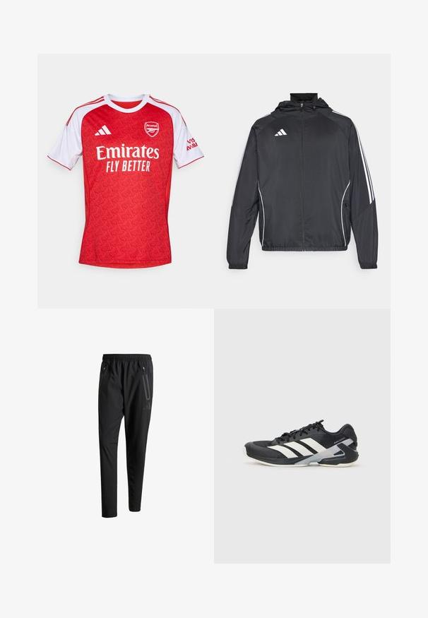 Black athletic jacket with a hood, featuring white stripes along the sleeves and a zippered front. Made from a smooth, lightweight fabric.; Red football jersey with white accents, featuring a geometric pattern, round neck, and the Arsenal logo, along with "Emirates Fly Better" branding.; Black athletic pants with an elastic waistband, two zippered side pockets, tapered legs, and a subtle logo detail on the hip.; Black athletic shoe with white stripes, mesh upper, rounded toe, and cushioned sole. Features a textured heel and secure lacing system.