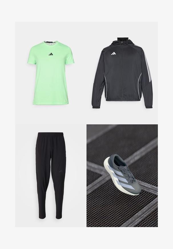 Černá sportovní bunda s kapucí, s bílými pruhy podél rukávů a s předním zipem. Vyrobena z hladkého, lehkého materiálu.; Svetle zelené tričko s krátkým rukávem vyrobené z měkké látky, s černým logem na hrudi a kulatým výstřihem s hladkým povrchem.; Černé sportovní kalhoty s elastickým páskem, zúženým střihem, bočními kapsami a nenápadným logem. Vyrobeno z pružné, prodyšné látky.; Sportovní obuv v šedé a bílé barvě, vyrobená z syntetického materiálu, s aerodynamickým designem, texturovaným povrchem a výrazným systémem šněrování.