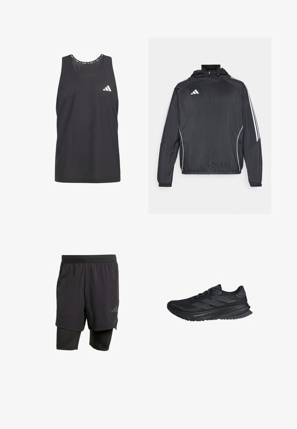Sort atletisk jakke med hætte, med hvide striber langs ærmerne og lynlås foran. Lavet af et glat, let materiale.; Sort atletisk tanktop med åndbart meshmateriale, rund hals og hvid Adidas-logo på venstre bryst.; Svarte atletiske shorts med integreret inderlag, lavet af åndbart stof. Har diskret logo og struktureret tekstur. Justerbar talje.; Sort Adidas løbesko med Gore-Tex overdel, tre striber på siden og "Dreamstrike" på sålen, set fra ydersiden.