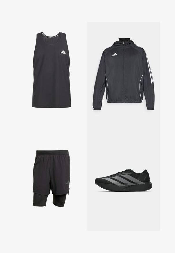 Melnā sporta jaka ar kapuci, ar baltām svītrām pa piedurknēm un ar rāvējslēdzēju priekšpusē. Izgatavota no gludas, vieglas auduma.; Melnas sporta tank top, kas izgatavots no elpojoša sieta materiāla, ar noapaļotu kakla izgriezumu un baltu Adidas logo kreisajā krūtī.; Melni sporta šorti ar iebūvētu iekšējo slāni, izgatavoti no elpojoša auduma. Iekļautas diskrētas logotipa detalizācijas un strukturēta tekstūra. Regulējama jostasvieta.; Melni sporta apavi ar vieglu dizainu, ar trim izteiksmīgiem pelēkiem svītrām, gludu virsmu un kontūrveida zoli.