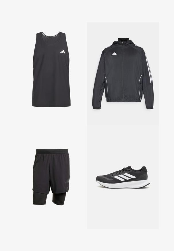 Schwarze Sportjacke mit Kapuze, ausgestattet mit weißen Streifen an den Ärmeln und einem Reißverschluss vorne. Hergestellt aus einem glatten, leichten Stoff.; Schwarzes Sporttanktop aus atmungsaktiven Meshmaterial, mit rundem Ausschnitt und weißem Adidas-Logo auf der linken Brust.; Schwarze Sportshorts mit integrierter Innenschicht, aus atmungsaktivem Material hergestellt. Mit dezentem Logo und strukturierter Textur. Verstellbarer Bund.; Schwarzer Sportschuh mit atmungsaktivem Mesh-Obermaterial, weißen Akzenten und einer gepolsterten Sohle. Mit drei Streifen-Logo an der Seite.