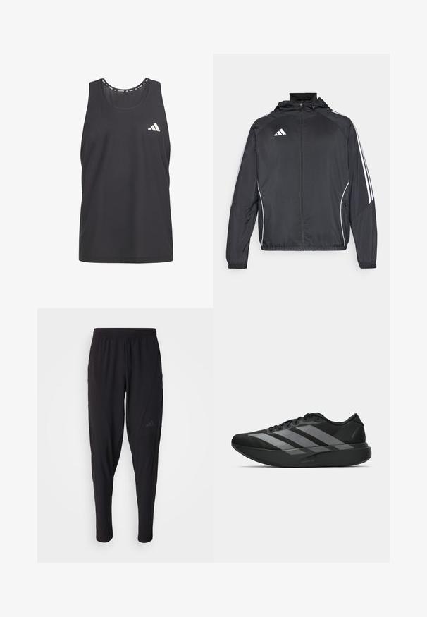 Chaqueta atlética negra con capucha, con rayas blancas a lo largo de las mangas y un cierre frontal con cremallera. Hecha de un tejido suave y ligero.; Top atlético negro sin mangas con material de malla transpirable, cuello redondeado y logotipo blanco de Adidas en el lado izquierdo del pecho.; Pantalones deportivos negros con cintura elástica, diseño ajustado, bolsillos laterales y un discreto detalle de logo. Fabricados con un material flexible y transpirable.; Zapatillas deportivas negras con un diseño ligero, que presentan tres franjas grises prominentes, una textura suave y una suela contorneada.