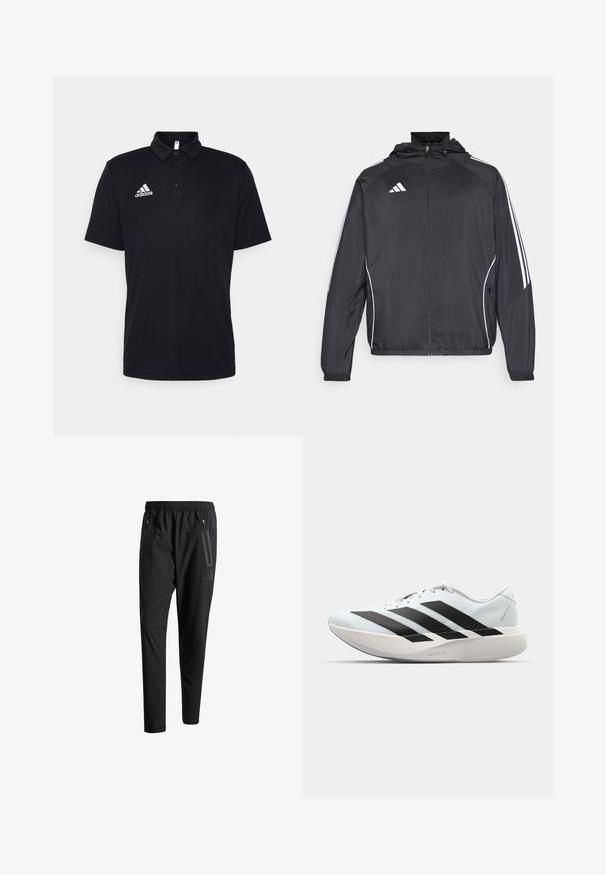 Sort atletisk jakke med hætte, med hvide striber langs ærmerne og lynlås foran. Lavet af et glat, let materiale.; Sort polo t-shirt lavet af blødt stof, med klassisk krave, tre-knaps lukning og hvidt Adidas-logo på venstre bryst.; Sorte atletiske bukser med elastisk talje, to lynlåslommer på siden, tætsiddende ben og en diskret logo-detalje på hoften.; Letvægtige løbesko i lys blå med sorte striber. Har en glat overdel, rund tå og tyk hvid mellemsål mærket "LIGHTSTRIKE PRO."