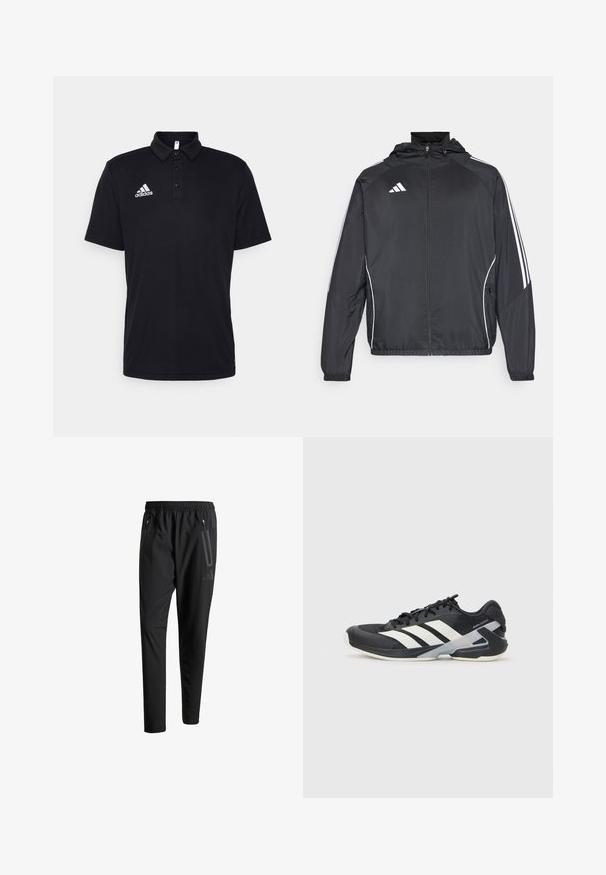 Musta urheilu takki hupulla, jossa on valkoiset raidat hihoissa ja vetoketjuzulu etupuolella. Valmistettu sileästä, kevyestä kankaasta.; Musta polo-paita, joka on valmistettu pehmeästä kankaasta. Hihaton malli, jossa on klassinen kaulus, kolmestä napista kiinnitys ja valkoinen Adidas-logo vasemmassa rinnassa.; Mustat urheiluhousut, joissa on joustava vyötärö, kaksi vetoketjullista sivutaskua, kapenevat lahkeet ja hillitty logokuvaus lonkalla.; Mustat urheilukengät valkoisilla raidoilla, verkkomateriaalia ylhäällä, pyöristetty kärki ja pehmustettu pohja. Varustettu teksturoidulla kantapäällä ja turvallisella nauhoitusjärjestelmällä.
