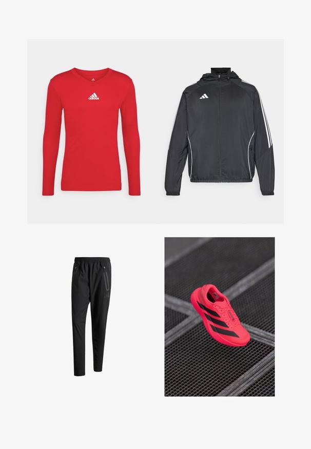 Černá sportovní bunda s kapucí, s bílými pruhy podél rukávů a s předním zipem. Vyrobena z hladkého, lehkého materiálu.; Červené sportovní tričko s dlouhými rukávy vyrobené z hladkého, pružného materiálu. Má výstřih do V a bílé logo Adidas na hrudi.; Černé sportovní kalhoty s elastickým pasem, dvěma zipovými bočními kapsami, zúženými nohavicemi a decentním logem na boku.; Jasně růžová běžecká bota s černými pruhy, vyrobená z lehkého síťového materiálu, s texturovanou podrážkou a designem na šněrování.