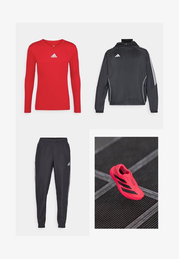 Veste de sport noire avec capuche, présentant des bandes blanches le long des manches et un devant zippé. Fabriquée en tissu léger et lisse.; T-shirt de sport rouge à manches longues en tissu lisse et extensible. Il présente un décolleté en V et un logo Adidas blanc sur la poitrine.; Pantalons de sport noirs avec une taille élastique, présentant des rayures blanches sur les côtés et un petit logo sur la hanche. Texture lisse.; Baskets de course rose vif avec des rayures noires, fabriquées en matériau en maille léger, avec une semelle texturée et un design à lacets.