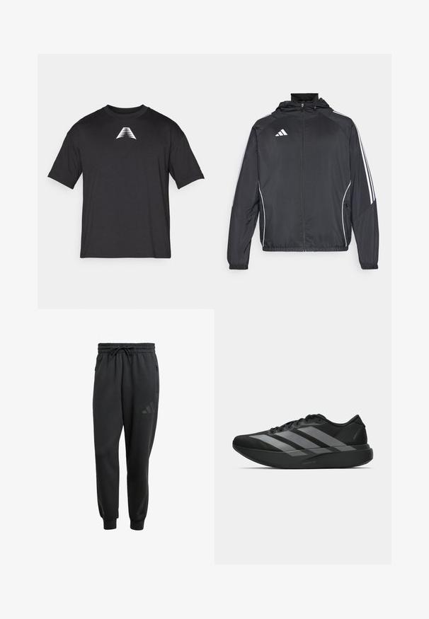 Svart sportsjakke med hette, med hvite striper langs ermene og glidelås foran. Laget av et glatt, lett stoff.; Svart t-skjorte med kort erme laget av lett materiale, med et hvitt triangel-logo på forsiden, klassisk rund hals og avslappet passform.; Svarte sweatpants med elastisk midje, snor-lukking, sidelommer med glidelås og en diskret logo trykket på venstre lår.; Sorte svarte treningssko med lett design, med tre fremtredende grå striper, en glatt tekstur og en formet såle.