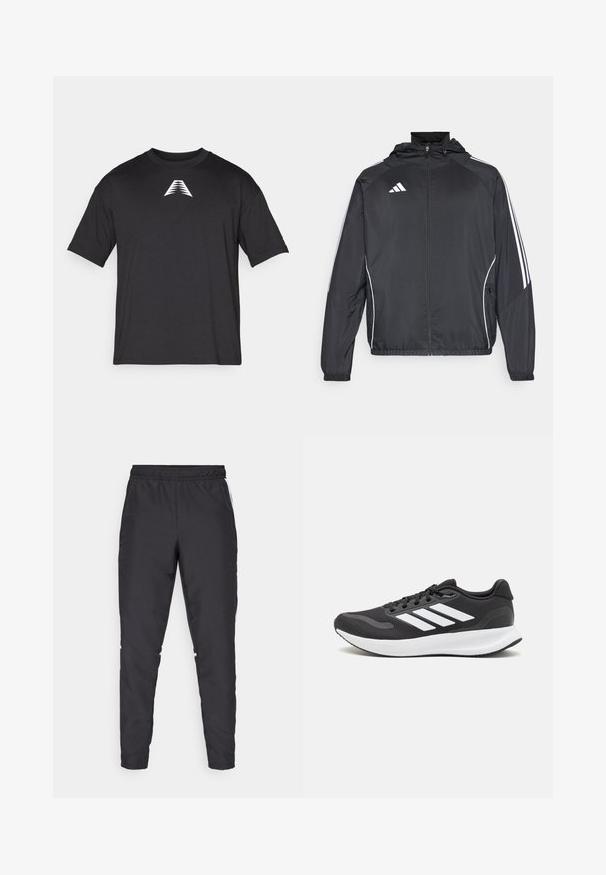 Black athletic jacket with a hood, featuring white stripes along the sleeves and a zippered front. Made from a smooth, lightweight fabric.; Black short-sleeve t-shirt made of lightweight fabric, featuring a white triangle logo on the front, classic crew neckline, and relaxed fit.; Black athletic pants with an elastic waistband, tapered legs, and white side accents. Made of synthetic material with a smooth texture.; Black athletic shoe with breathable mesh upper, white accents, and a cushioned sole. Features three stripes logo on the side.