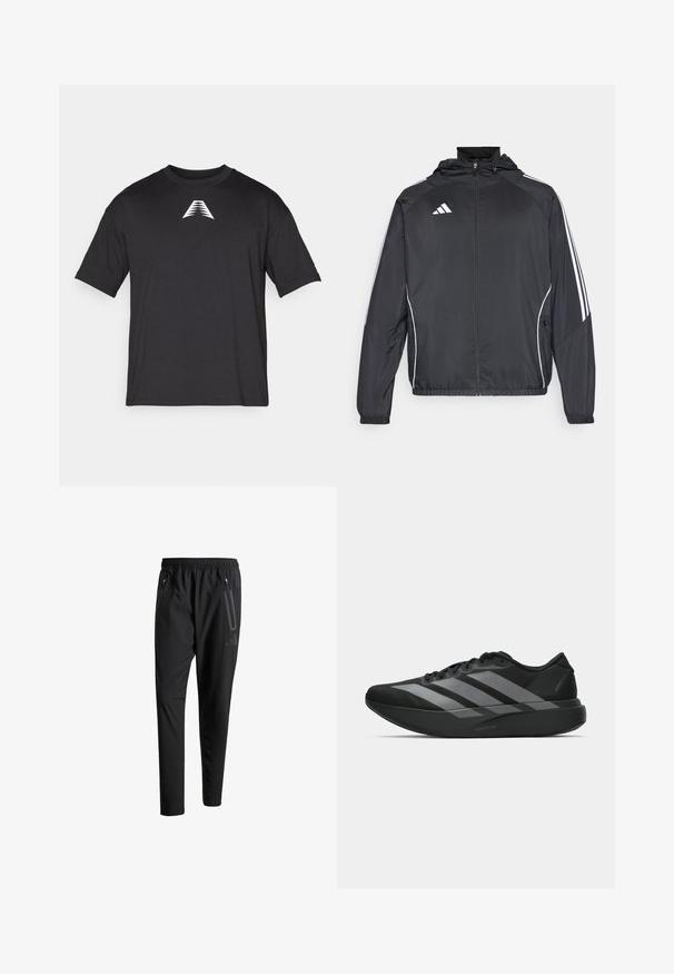 Black athletic jacket with a hood, featuring white stripes along the sleeves and a zippered front. Made from a smooth, lightweight fabric.; Black short-sleeve t-shirt made of lightweight fabric, featuring a white triangle logo on the front, classic crew neckline, and relaxed fit.; Black athletic pants with an elastic waistband, two zippered side pockets, tapered legs, and a subtle logo detail on the hip.; Black athletic shoes with a lightweight design, featuring three prominent gray stripes, a smooth texture, and a contoured sole.