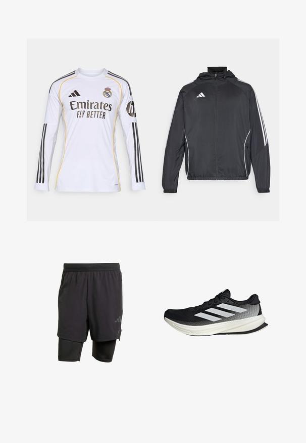Czarna sportowa kurtka z kapturem, z białymi paskami wzdłuż rękawów i zasuwanym przodem. Wykonana z gładkiego, lekkiego materiału.; Biała koszulka z długim rękawem z czarnymi i żółtymi akcentami, z logo "Emirates Fly Better" oraz herbem Real Madryt, wykonana z lekkiego materiału syntetycznego.; Czarne spodenki sportowe z wbudowaną wewnętrzną warstwą, wykonane z oddychającego materiału. Posiadają subtelne logo oraz strukturalną fakturę. Regulowany pas.; Czarny but sportowy z siateczkowym wzorem, z białymi paskami, zaokrąglonym noskiem i teksturowaną podeszwą dla lepszej przyczepności i wsparcia.