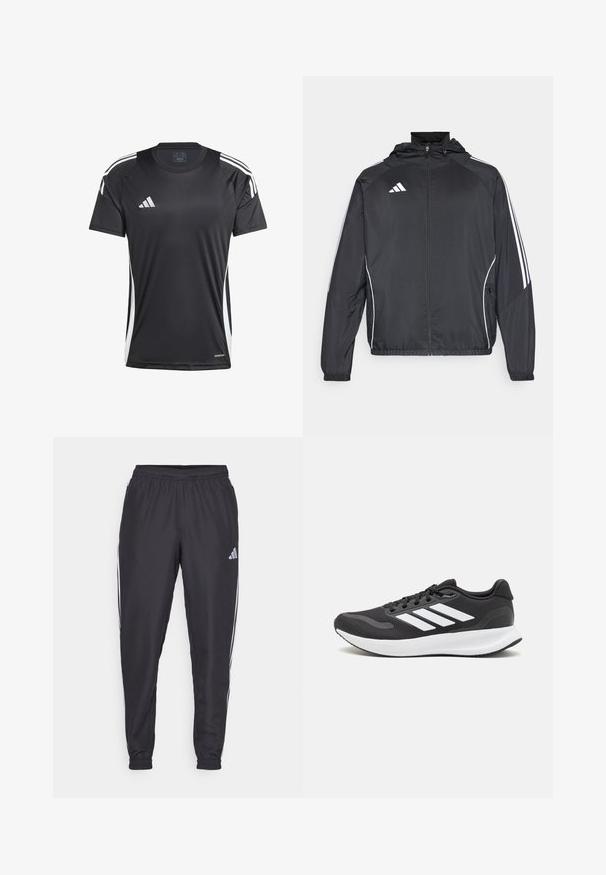 Sort atletisk jakke med hætte, med hvide striber langs ærmerne og lynlås foran. Lavet af et glat, let materiale.; Sort atletisk t-shirt med korte ærmer, udstyret med hvide sidelister og Adidas-logo. Lavet af glat, fugtabsorberende materiale.; Svarte sportbukser med elastisk talje, med hvide striber langs siderne og et lille logo ved hoften. Glat tekstur.; Sort atletik sko med åndbart mesh-overdel, hvide accenter og en polstret sål. Har tre-stripes logo på siden.