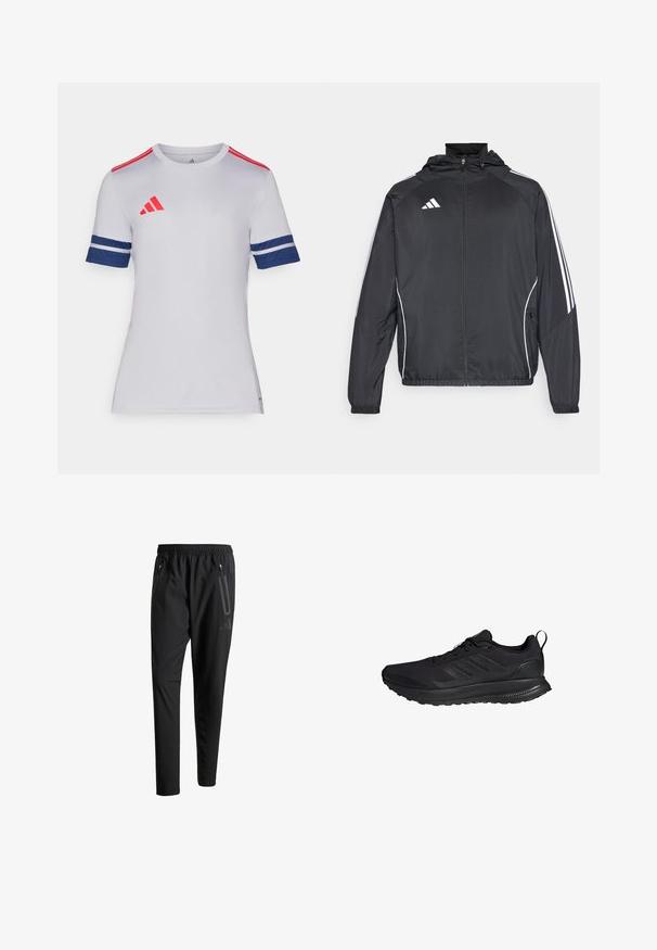 Czarna sportowa kurtka z kapturem, z białymi paskami wzdłuż rękawów i zasuwanym przodem. Wykonana z gładkiego, lekkiego materiału.; Biała koszulka sportowa z krótkim rękawem, z czerwonymi i granatowymi akcentami. Posiada logo Adidas, granatowe paski na rękawach i okrągły dekolt.; Czarne spodnie sportowe z elastycznym paskiem w talii, dwiema zasuwanymi kieszeniami bocznymi, zwężanymi nogawkami i subtelnym logo na biodrze.; Czarny but sportowy z teksturowanej tkaniny, z trzema poziomymi paskami, wyściełanym kołnierzem i trwałą gumową podeszwą.