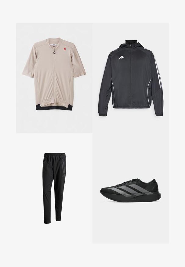 Musta urheilu takki hupulla, jossa on valkoiset raidat hihoissa ja vetoketjuzulu etupuolella. Valmistettu sileästä, kevyestä kankaasta.; Beige pyöräilypaita lyhyillä hihoilla, teksturoitua kangasta, edessä vetoketju ja musta yksityiskohta helman päällä. Rinnassa logo.; Mustat urheiluhousut, joissa on joustava vyötärö, kaksi vetoketjullista sivutaskua, kapenevat lahkeet ja hillitty logokuvaus lonkalla.; Mustat urheilukengät, joissa on kevyt muotoilu, kolme näkyvää harmaata raitaa, sileä pinta ja muotoiltu pohja.